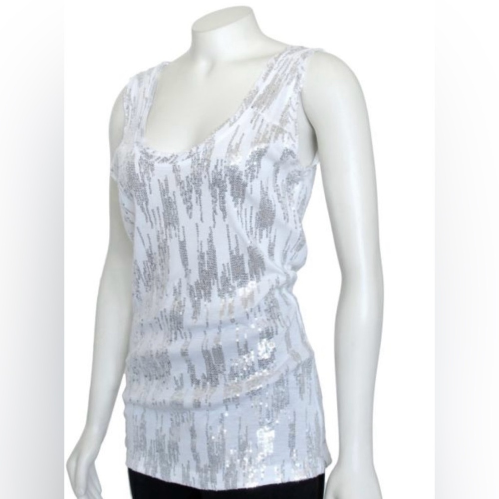 Diane Von Furstenberg Silver Sequin White Tank Top . Medium Size